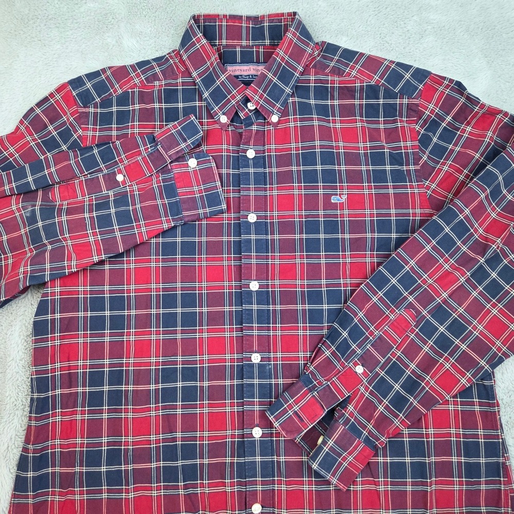 Vineyard Vines Collegiate Shirt Mens L Plaid Button Down Long Sleeve Red & Navy
